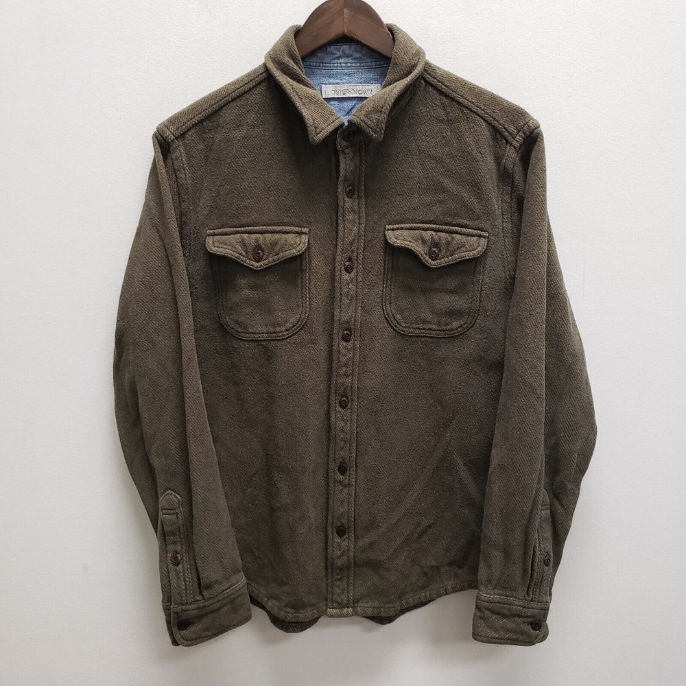 Outerknown Mens Button Front Shacket Size M Green Collar Chest Pockets Solid